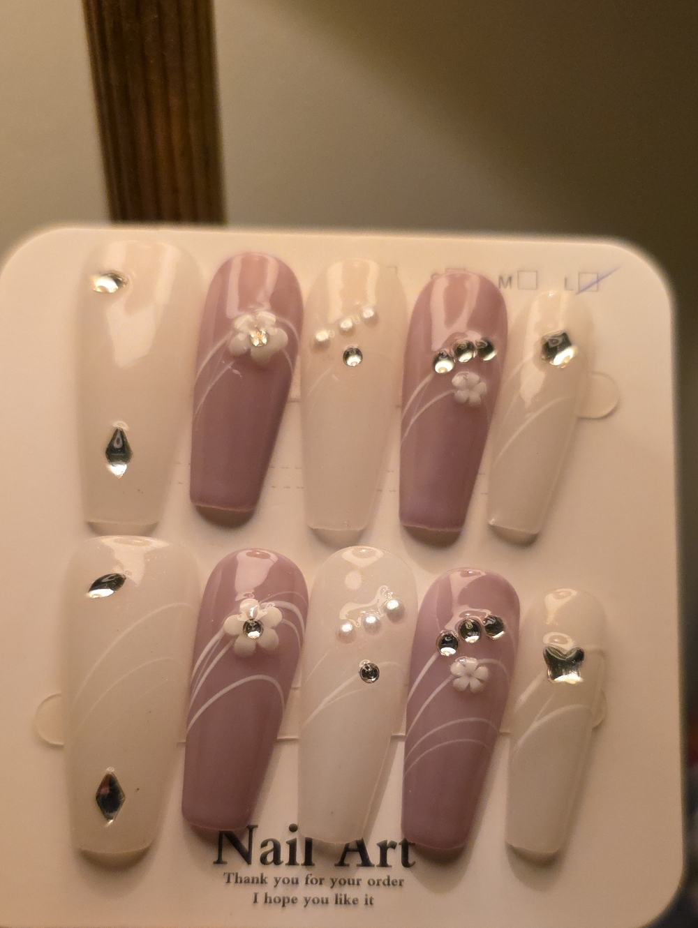 Elegant Pink & Cream Press-On Nail Set with Floral Rhinestones Size Large
